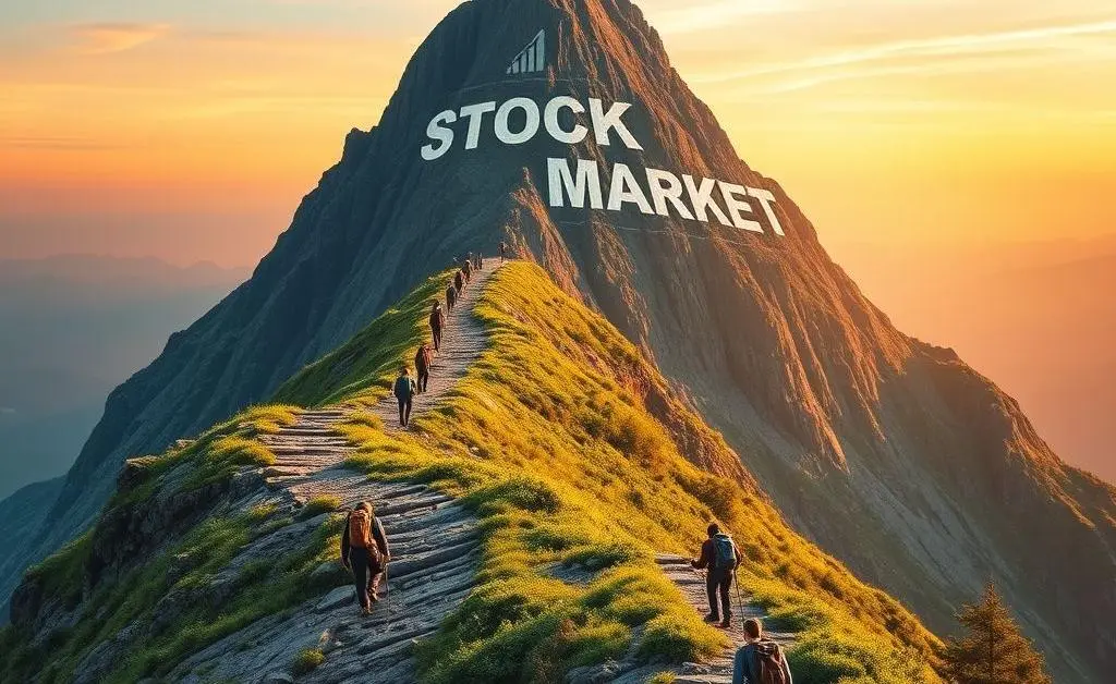 An adventurous path leading up a mountain labeled 'Stock Market', with dividend symbols along the way.