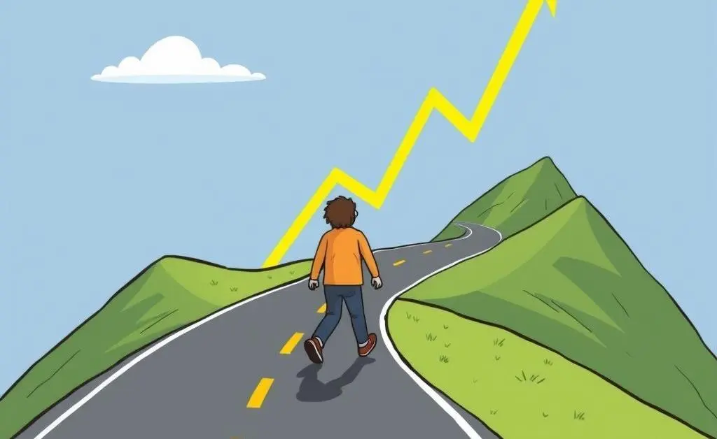 A person walking along a stock market chart appearing as a road