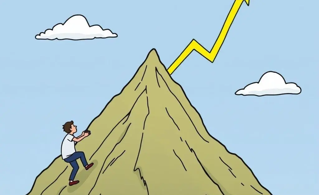 Person climbing a mountain with a stock market chart
