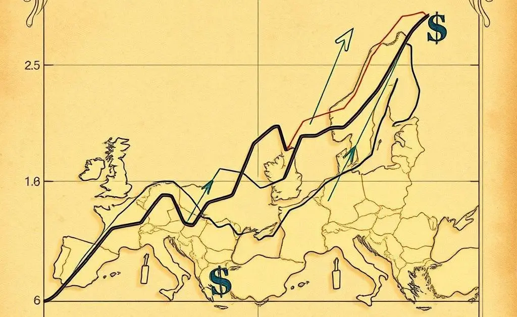 A hand-drawn illustration of the overlap between US and European stock markets, depicting growth trends.