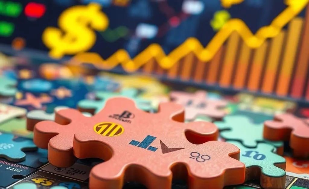 A puzzle with pieces containing stock market symbols.