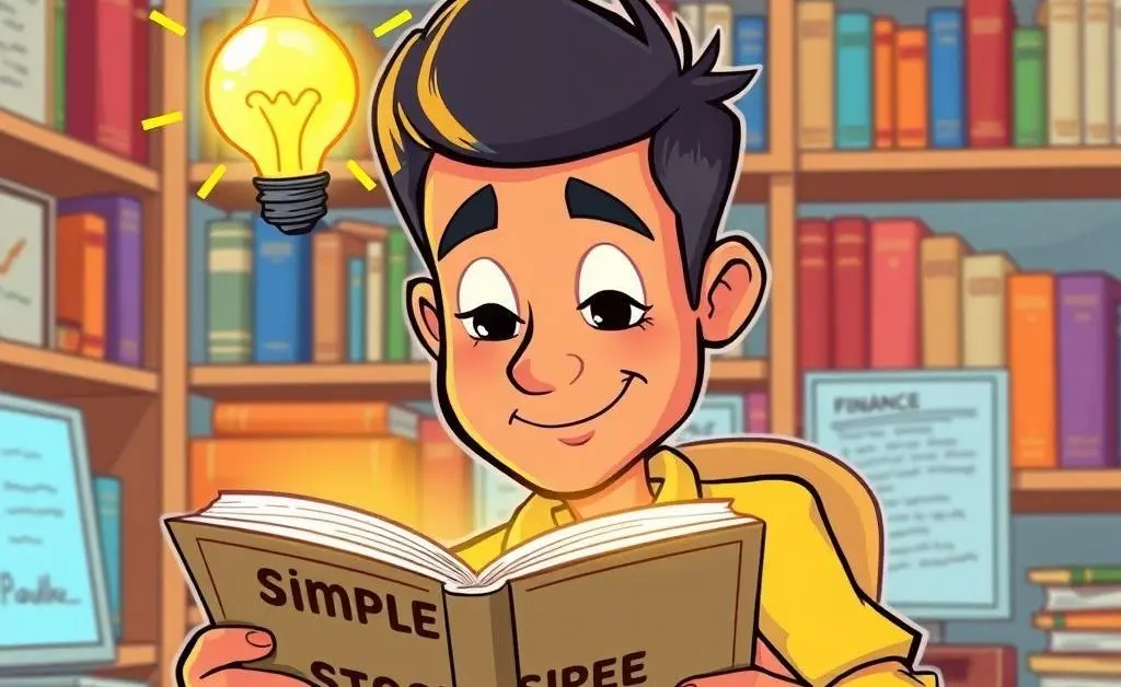 A cartoon image of a lightbulb above a person's head as they read a book titled 'Simple Stock Strategies'.