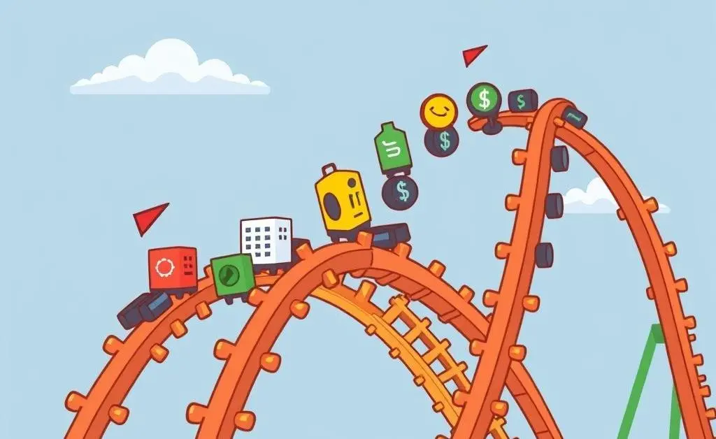 A rollercoaster with stock market icons representing the volatility.