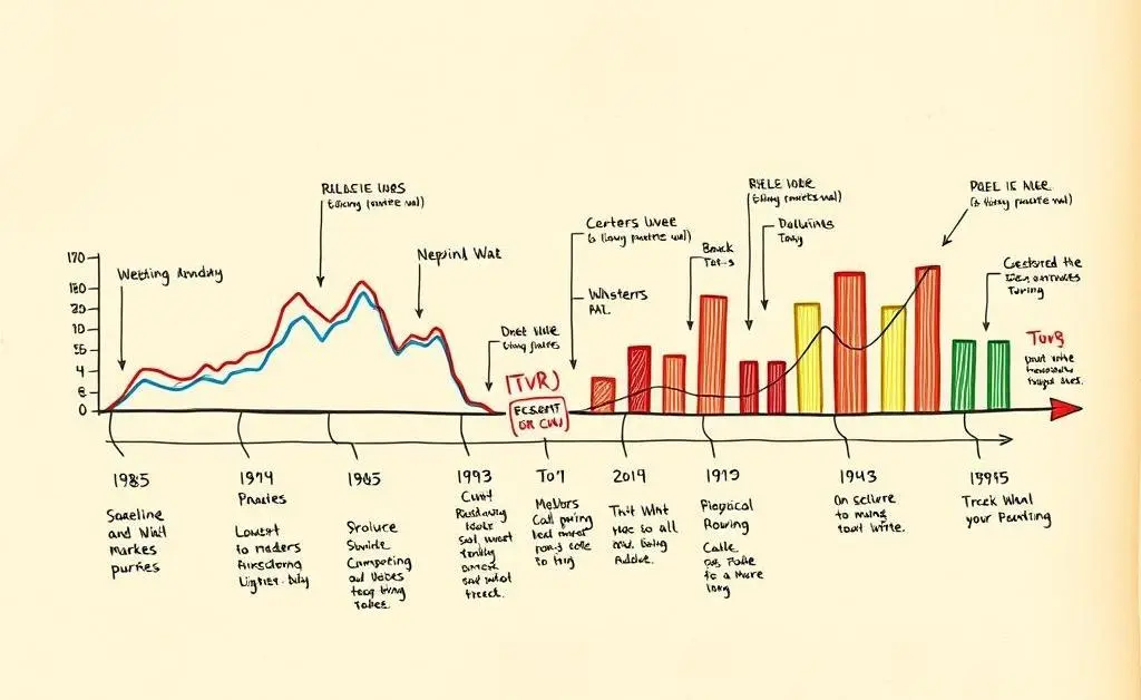 Hand-drawn timeline with stock market trends from the 1980s to today.