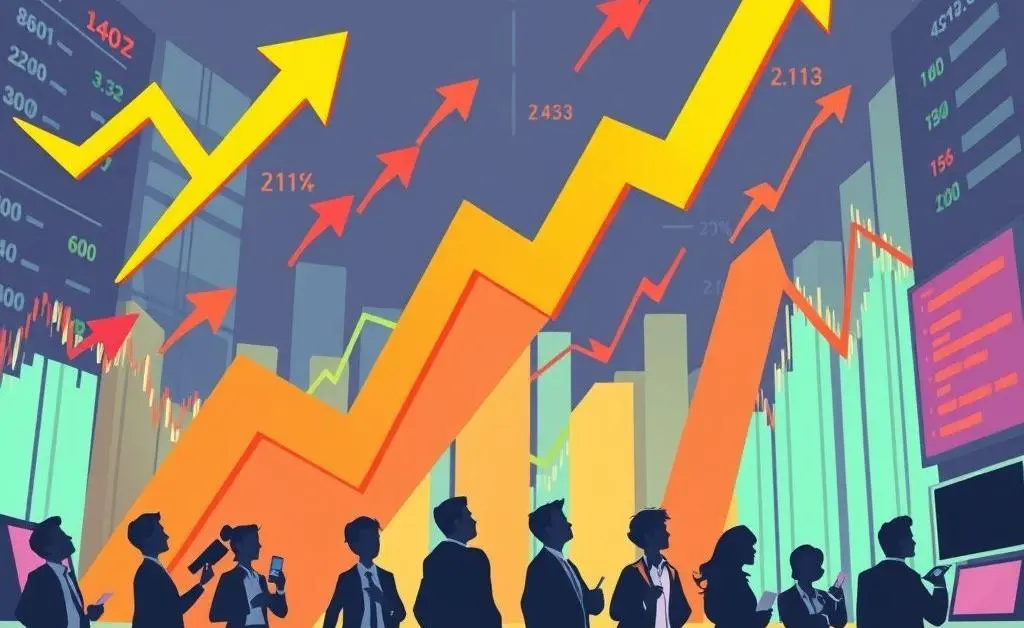 Stock market trends illustration with arrows and investor silhouettes