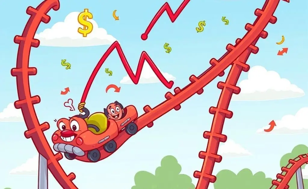 Cartoon-style rollercoaster with a rising and falling chart, depicting stock market volatility.