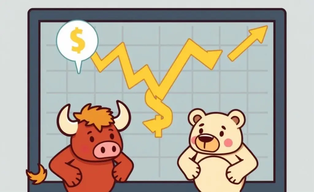 A simplified stock market illustration with bull and bear symbols.