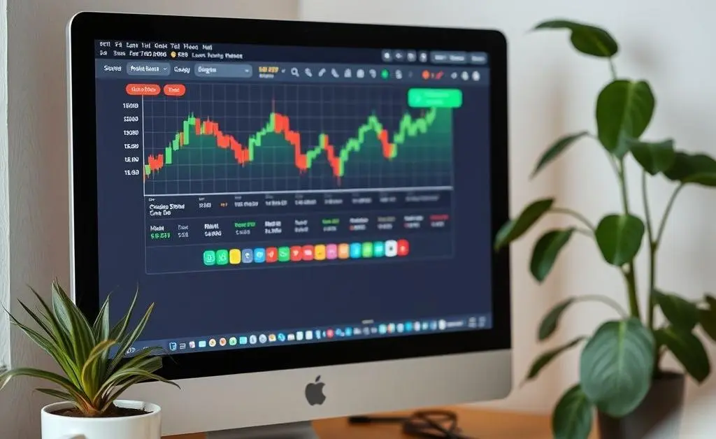 A cozy home setting with a computer screen displaying a stock market app, a plant, and a coffee cup nearby.