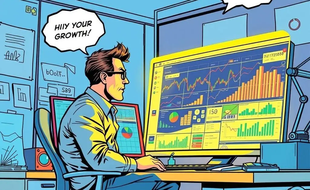 A comic-style image showing an investor reviewing a diverse portfolio on a digital platform