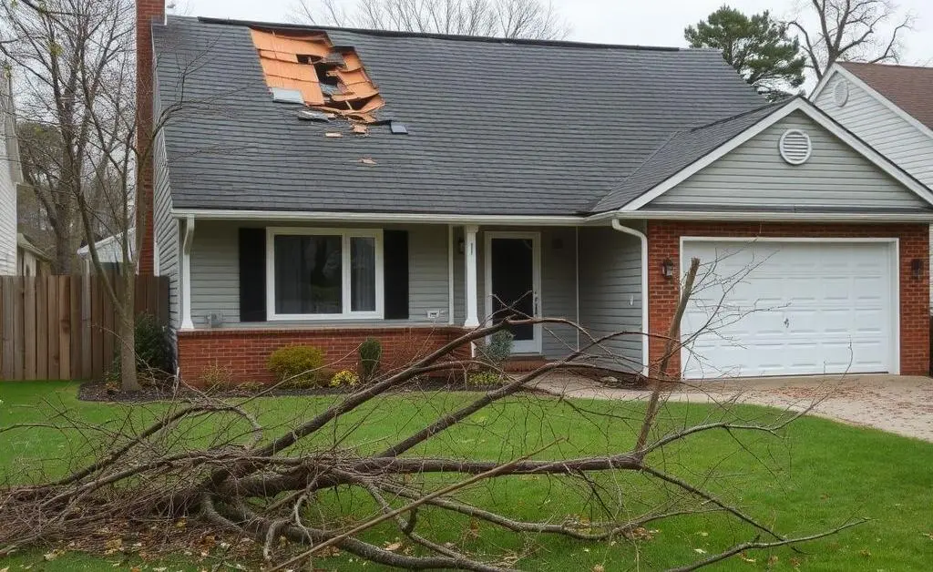 House with storm damage.
