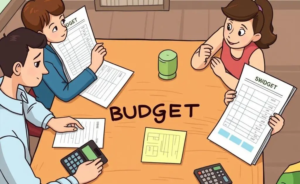 Cartoon-style budget planning session with shopping lists and calculators on a wooden table.