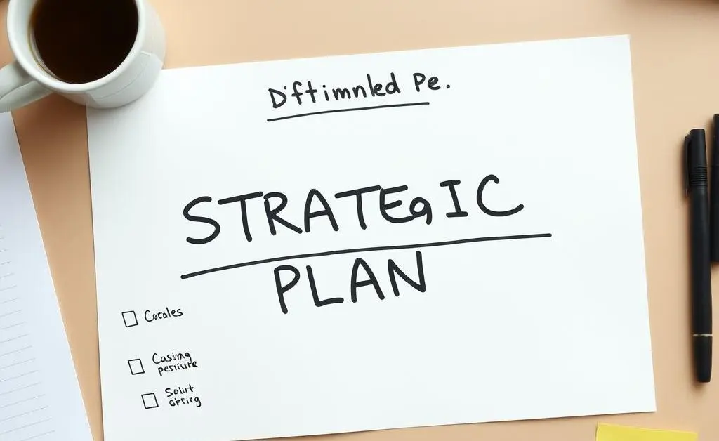 A strategic business plan layout on a desk, surrounded by notes and a cup of coffee.