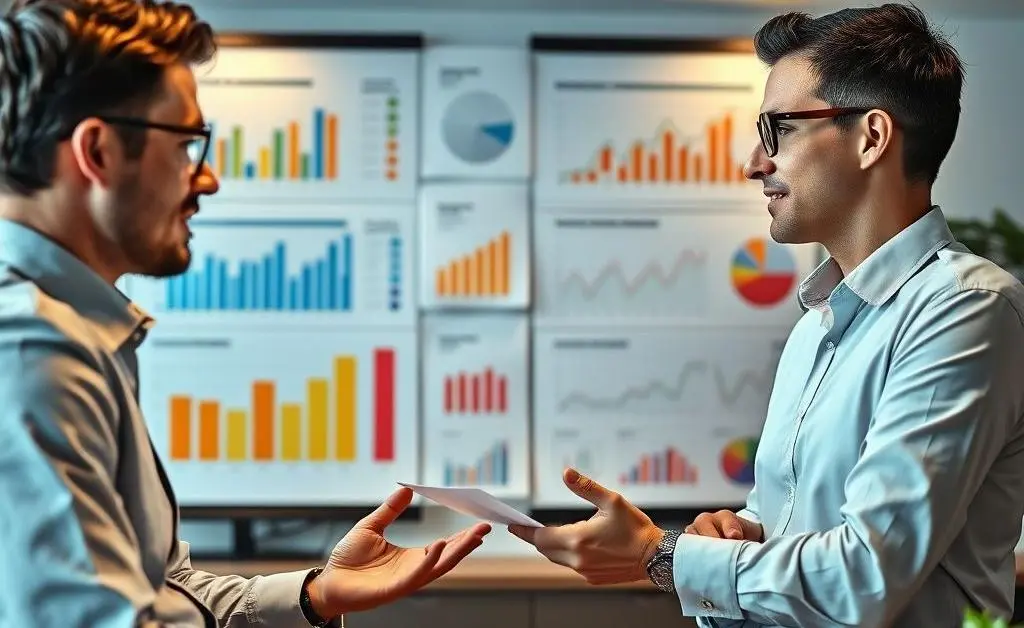 Two people discussing financial plans with charts and graphs around them