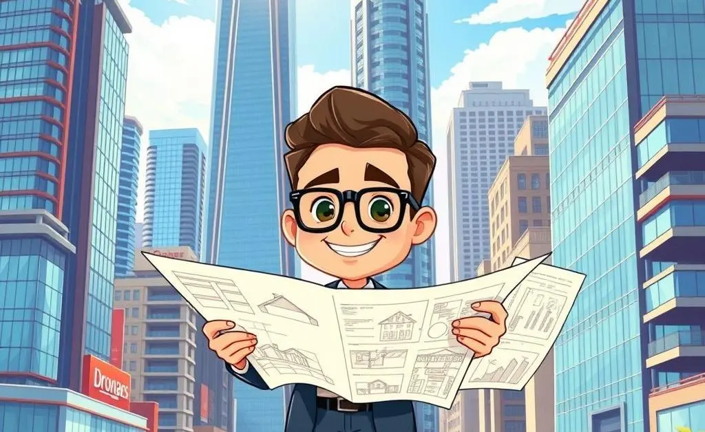 A cartoon of a strategic home buyer with a blueprint in high-cost city background