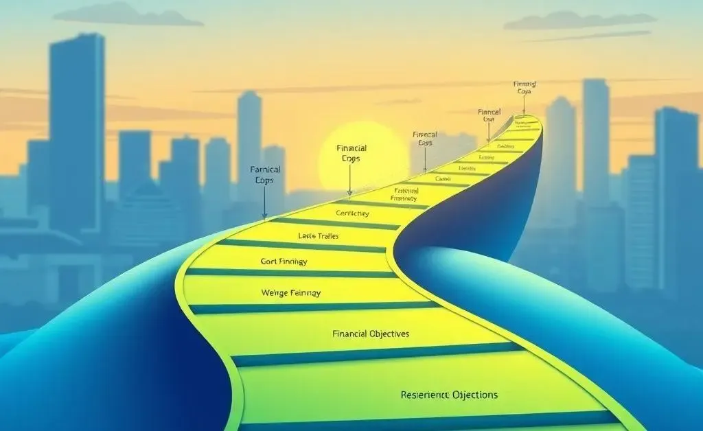Graphic showing a path with steps labeled as financial goals and milestones