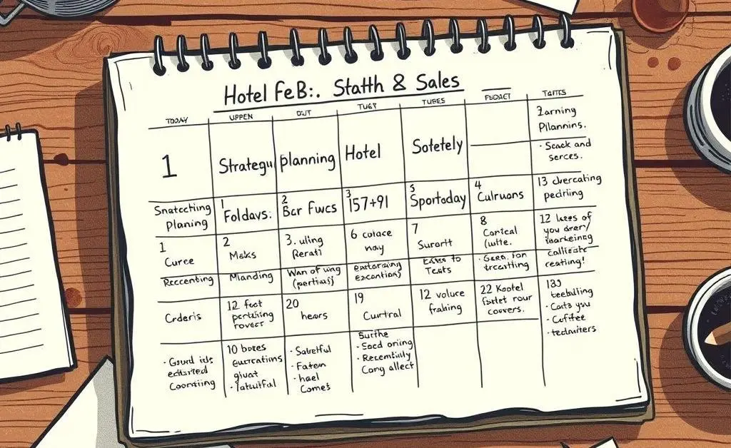 A hand-drawn calendar with strategic planning notes for selling a hotel.