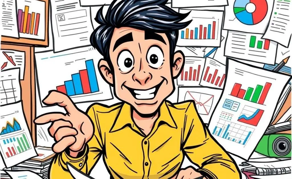 A cartoon-style hand-drawn image of a person planning investments with papers and charts.