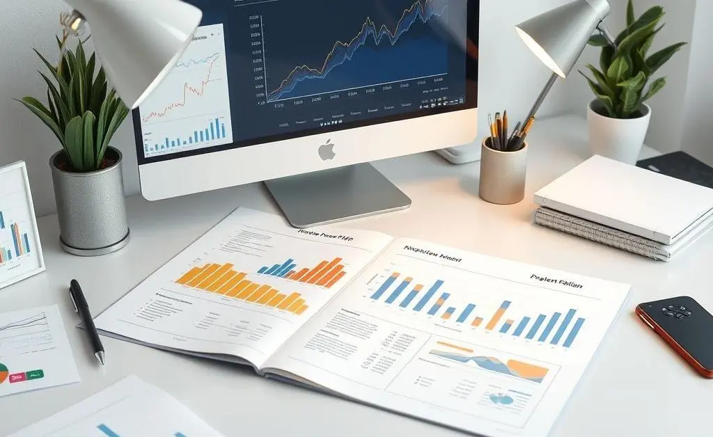 An aesthetic desk with a strategic investment plan spread out, featuring graphs and a computer displaying trends.