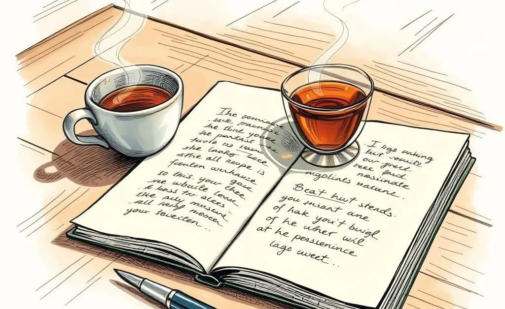 A table with a notebook, pen, and cup of tea symbolizing strategic planning
