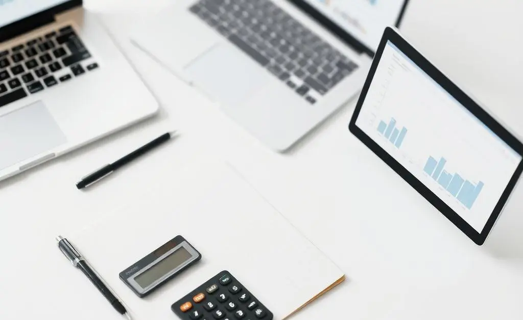 A minimalist desk scene with a notepad, calculator, and a laptop displaying charts.