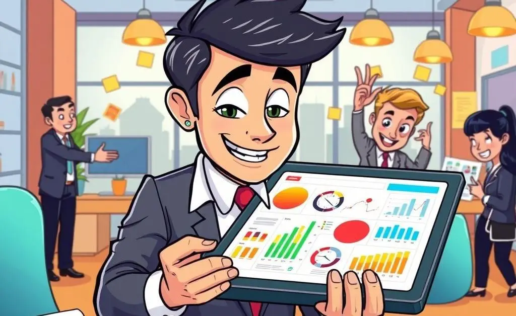 Cartoon-style image of an agent planning sales strategy with charts and graphs.