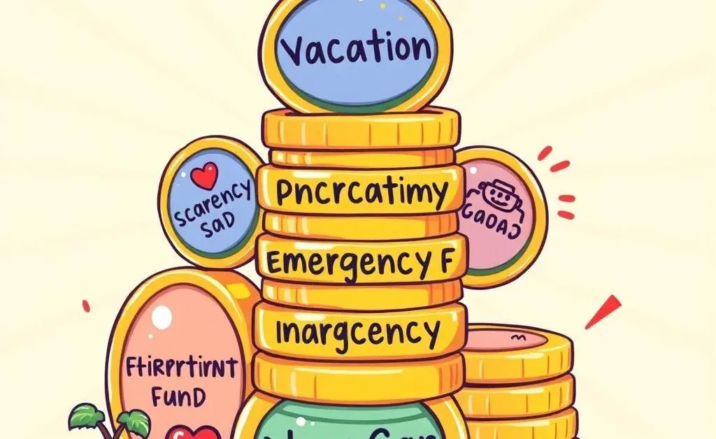 A cartoon image of stacked coins labeled with different short-term goals like 'vacation', 'emergency fund', and 'new car'