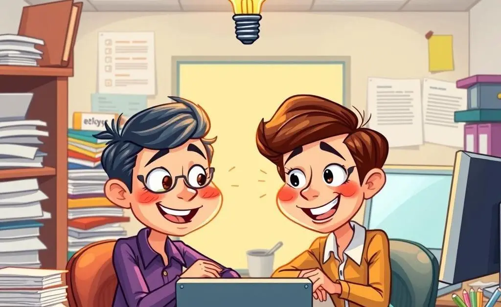 Two people brainstorming solutions with a lightbulb overhead.