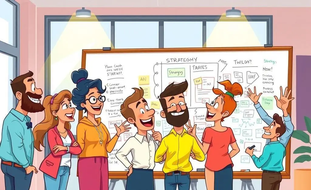 Cartoon-style image of team members discussing strategies on a whiteboard.