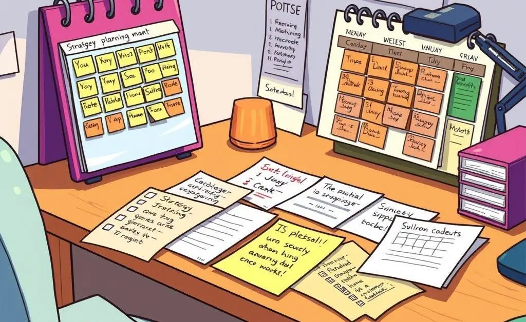 Strategy planning notes on a desk.