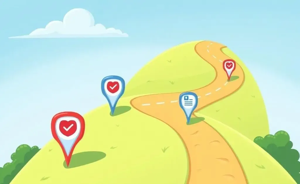 A cartoon-style illustration showing a clear path with insurance milestones.