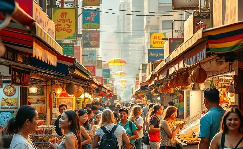 Cartoon-style street food market with travelers