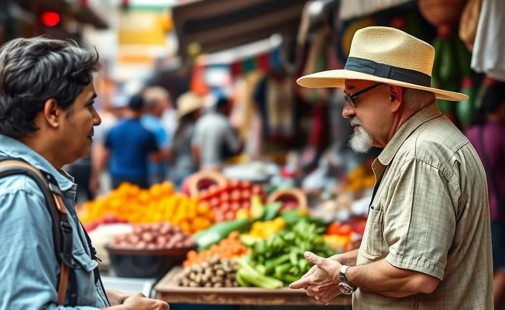 Traveler negotiating with a vendor at a vibrant Mexican street market.