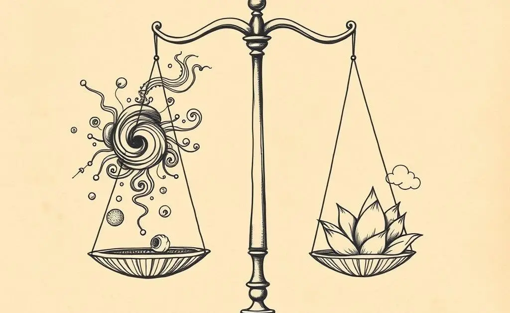 A hand-drawn scale with stress on one side and peace on the other, showing a balanced or unbalanced state.