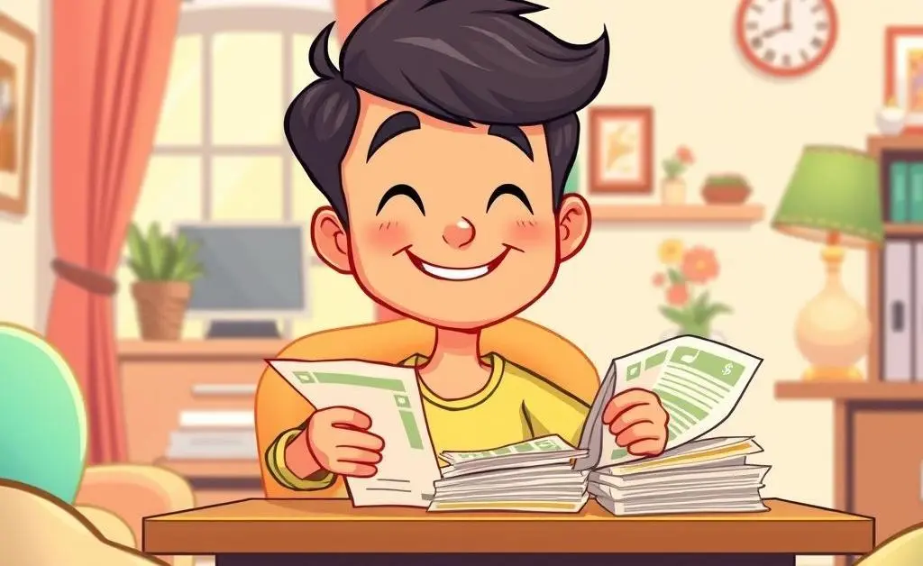 Illustration of a relaxed person organizing bills with a smile.