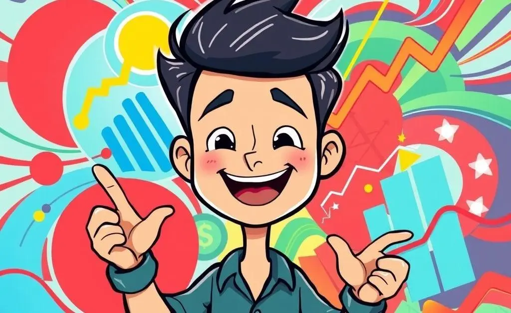 Cartoon of a person joyfully managing finances with colorful charts and graphs