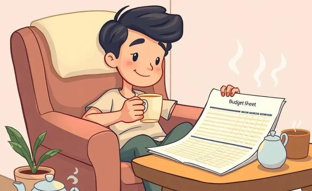 Person relaxing with a cup of tea while reviewing a calm, organized budget sheet