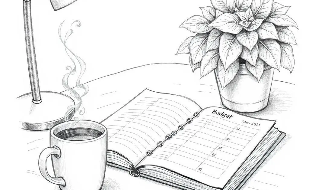 A cozy desk setup with a budget planner and coffee.