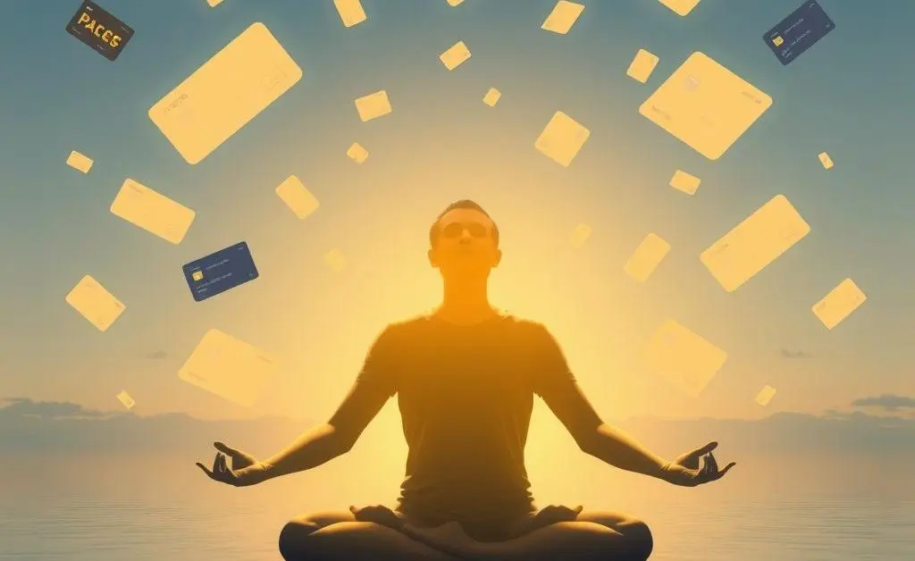 A person meditating surrounded by credit card symbols.