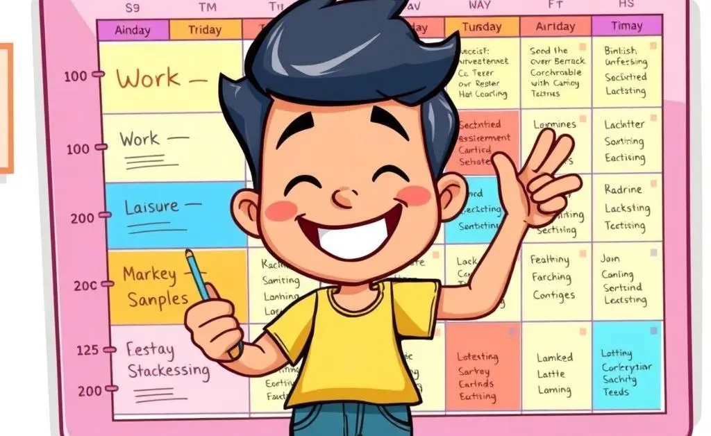 Cartoon showing a person happily completing tasks with a visible timetable in the background.