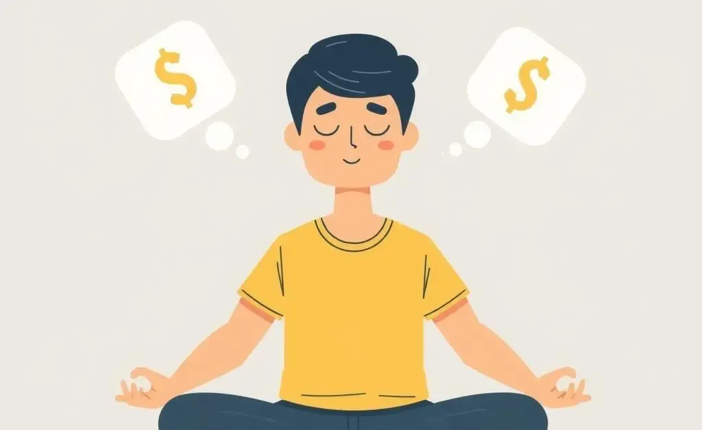 Gentle, calming illustration of a person meditating while thinking about financial decisions.