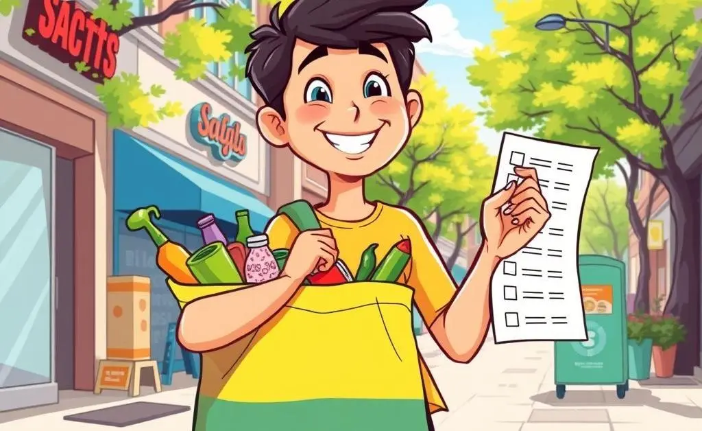 Person running errands with a shopping bag and checklist