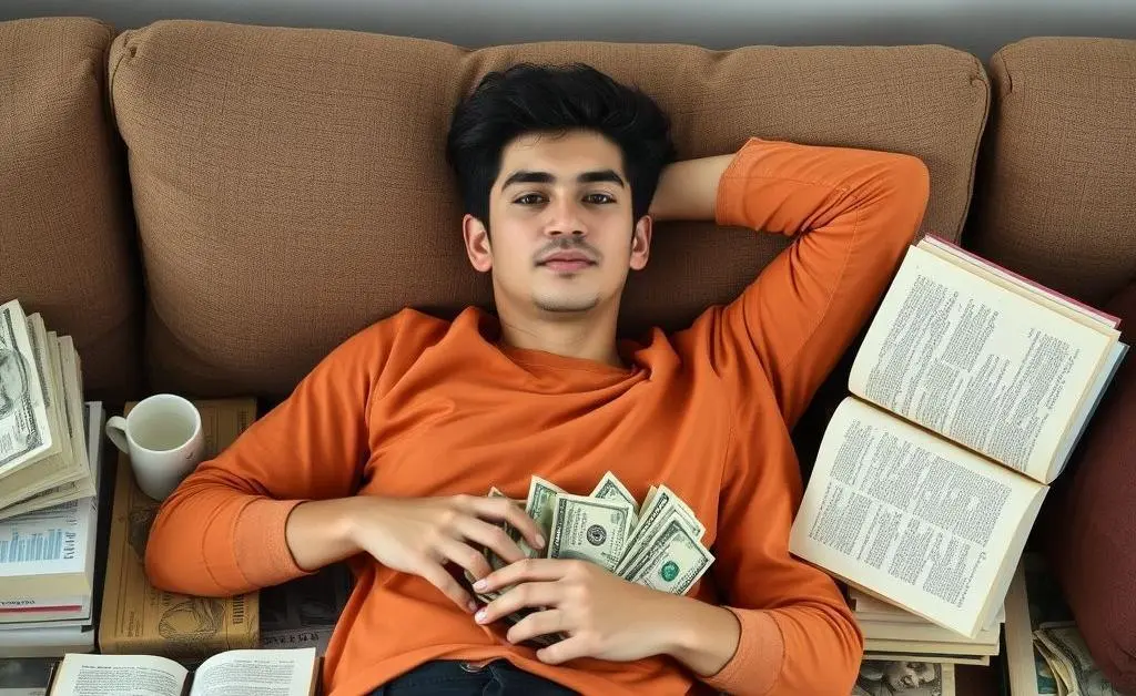 A person relaxed on a couch, surrounded by financial books and notes