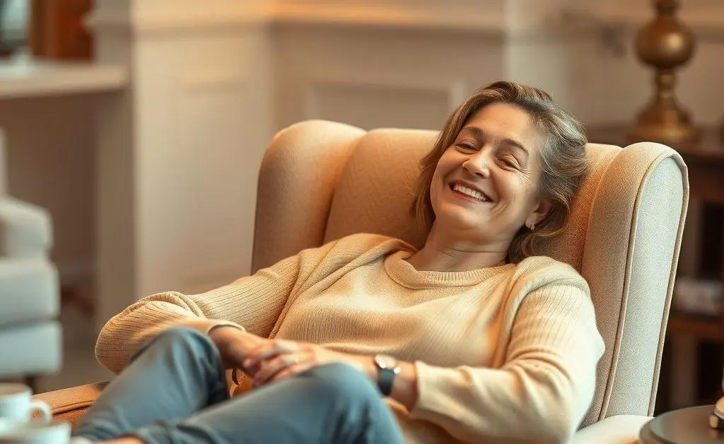 A person reclining in a chair, smiling with a sense of relief, showing a stress-free approach to personal finance
