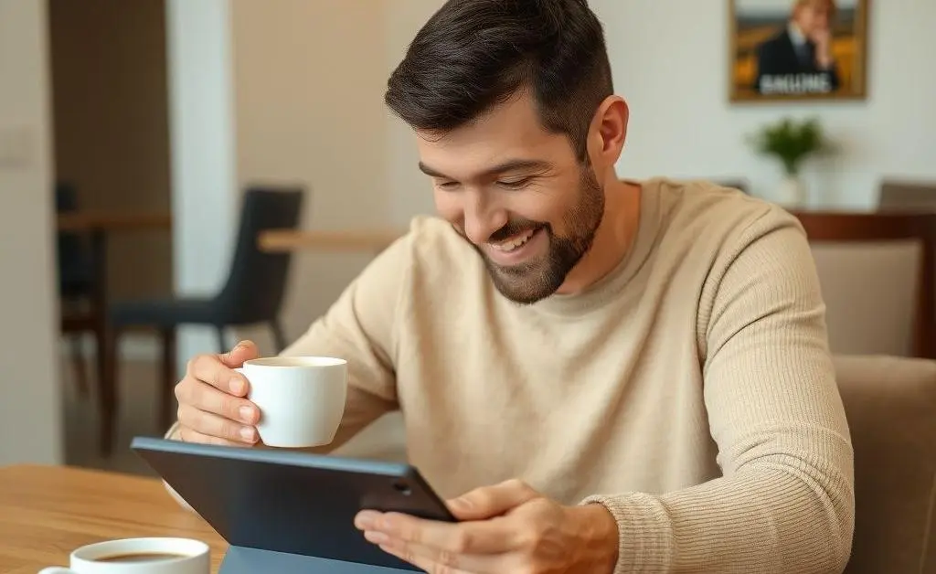 Person relaxed drinking coffee while reviewing financial plan.