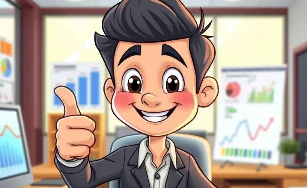 A friendly cartoon character reviewing financial documents with a smile and thumbs up.