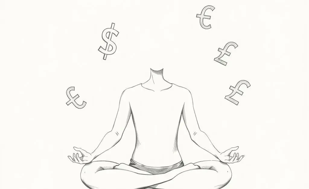 A peaceful, hand-drawn illustration of a person meditating with floating currency symbols