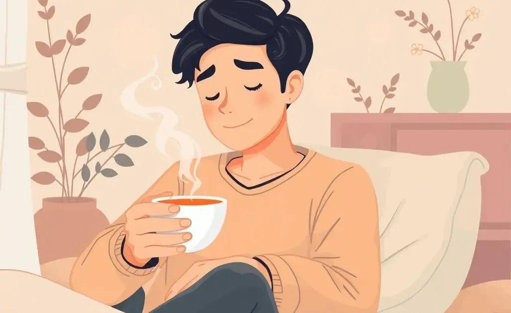 Person relaxing with a cup of tea, surrounded by paid-off bills.