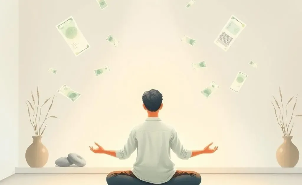A peaceful illustration of a person meditating while surrounded by floating bills and documents