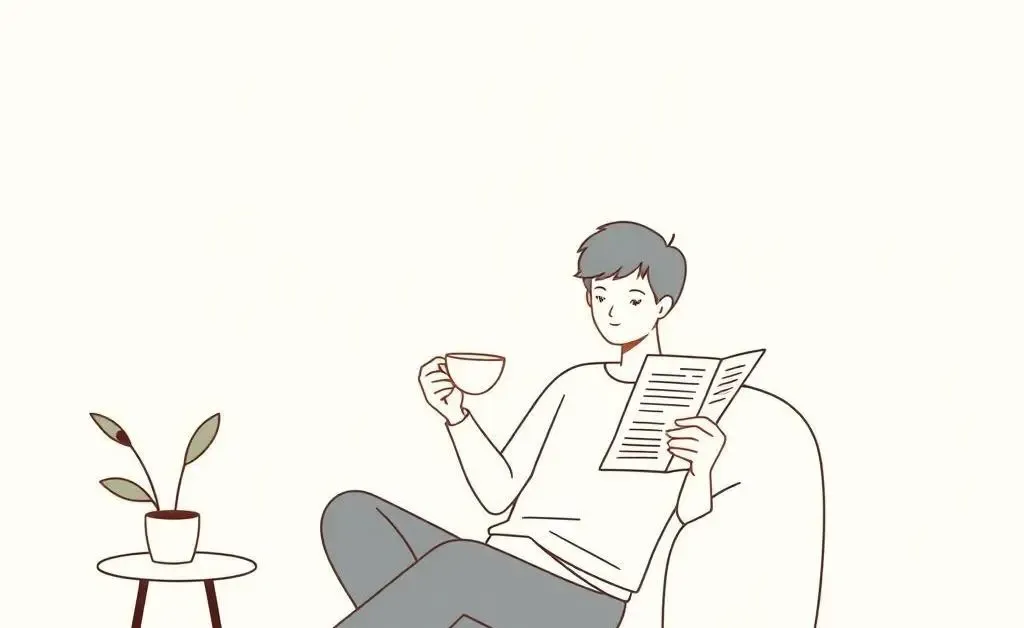 Person relaxing with a teacup and financial papers.