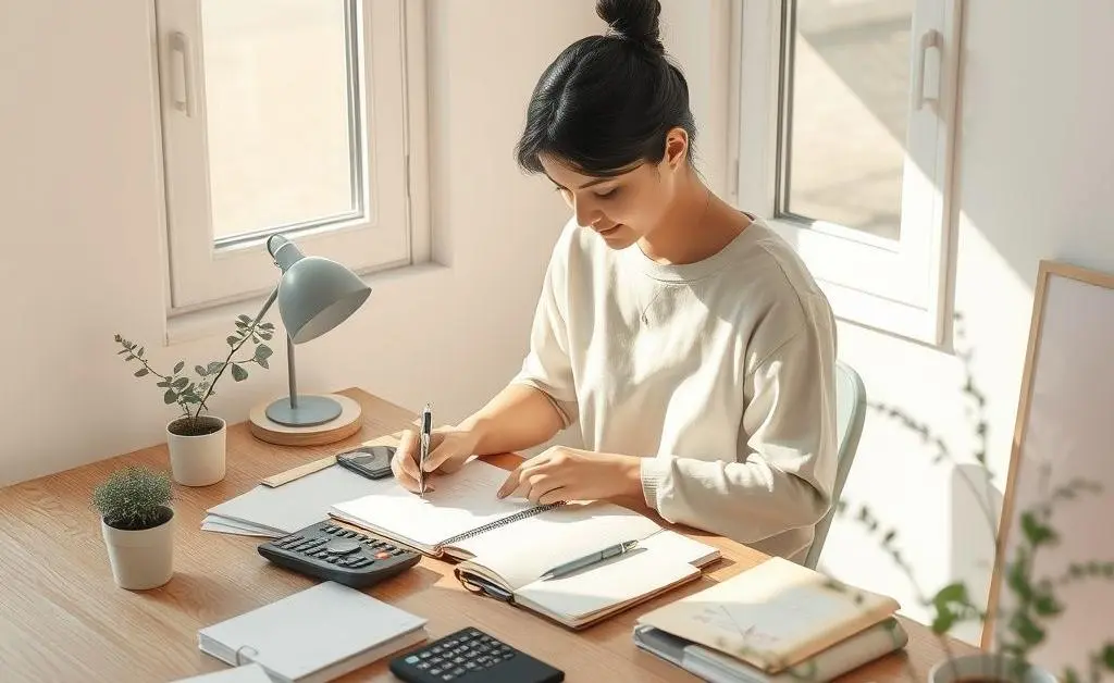 A serene scene of someone planning a budget in a calm, peaceful setting.